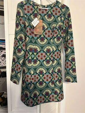 Moutaki Green Geometric-Print Long Sleeve Dress